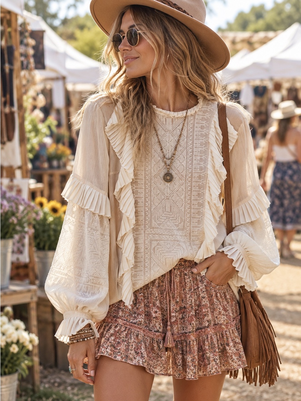 NWT VICI Polyester Boho Embroidered Cream Ruffled Long Sleeve Blouse Size Small